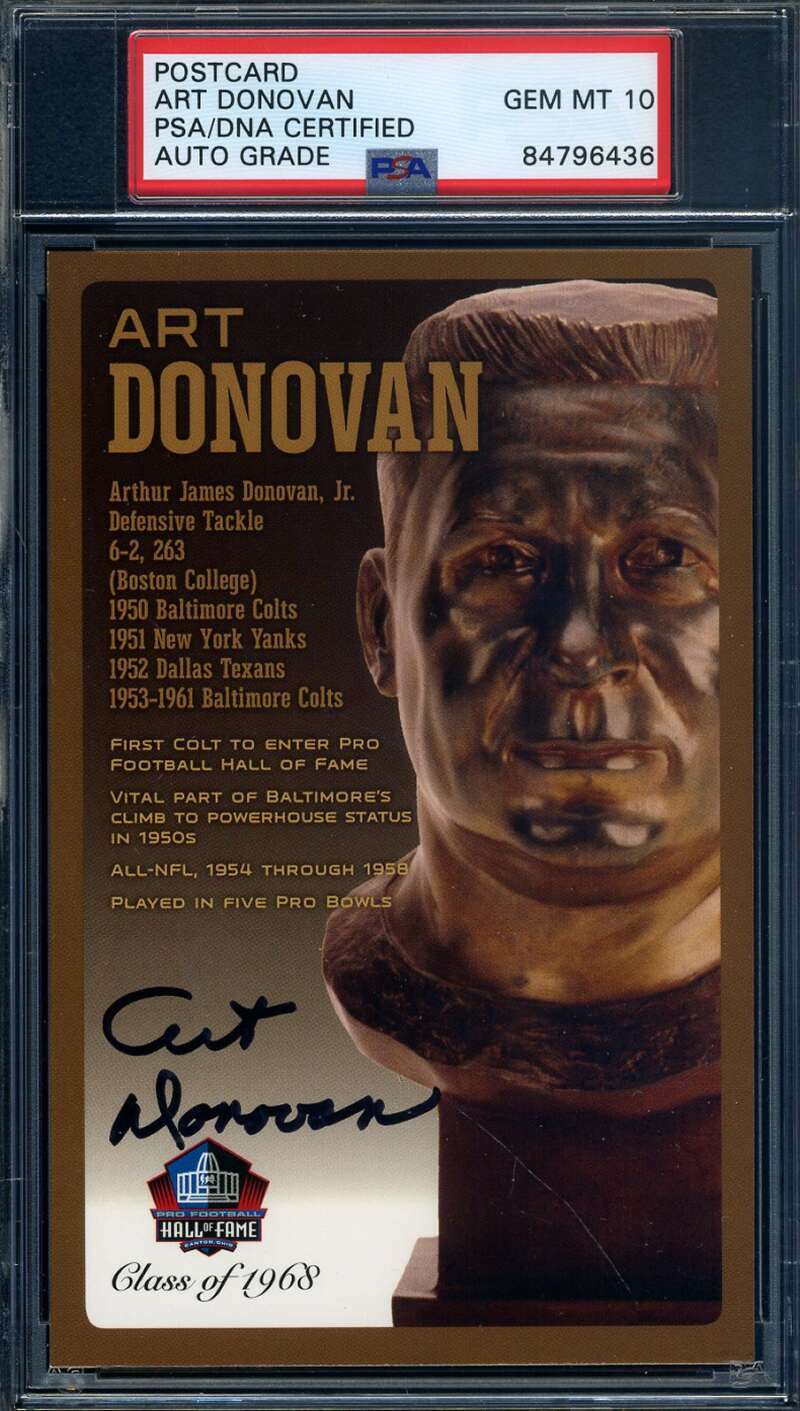 Art Donovan Gem Mint 10 PSA DNA Signed HOF Bronze Bust Postcard Autographed