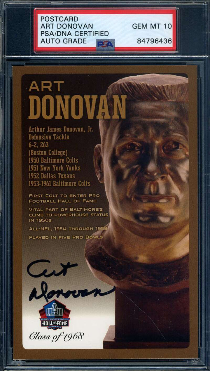 Art Donovan Gem Mint 10 PSA DNA Signed HOF Bronze Bust Postcard Autographed