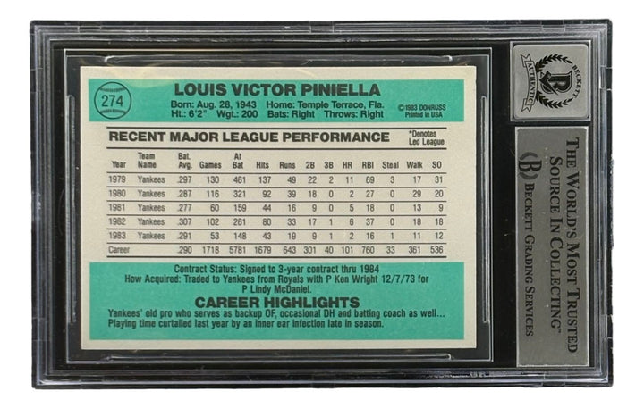 Lou Piniella Signed 1984 Donruss #274 New York Yankees Trading Card BAS Auto 10
