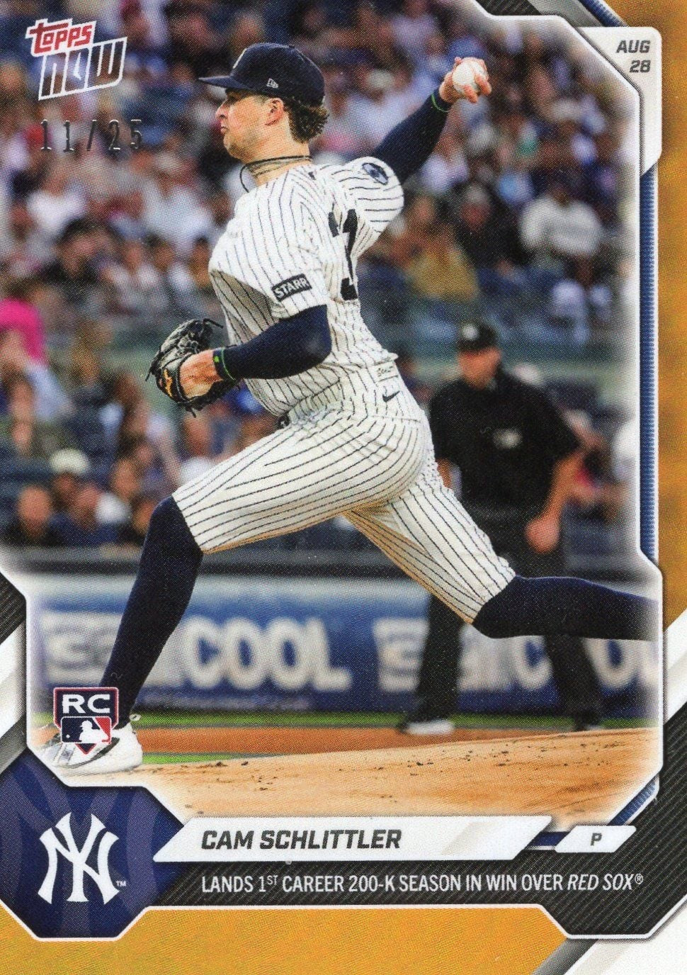 2026 Topps Now Cam Schlittler #608 Orange Foil /25 Rookie RC Baseball Card