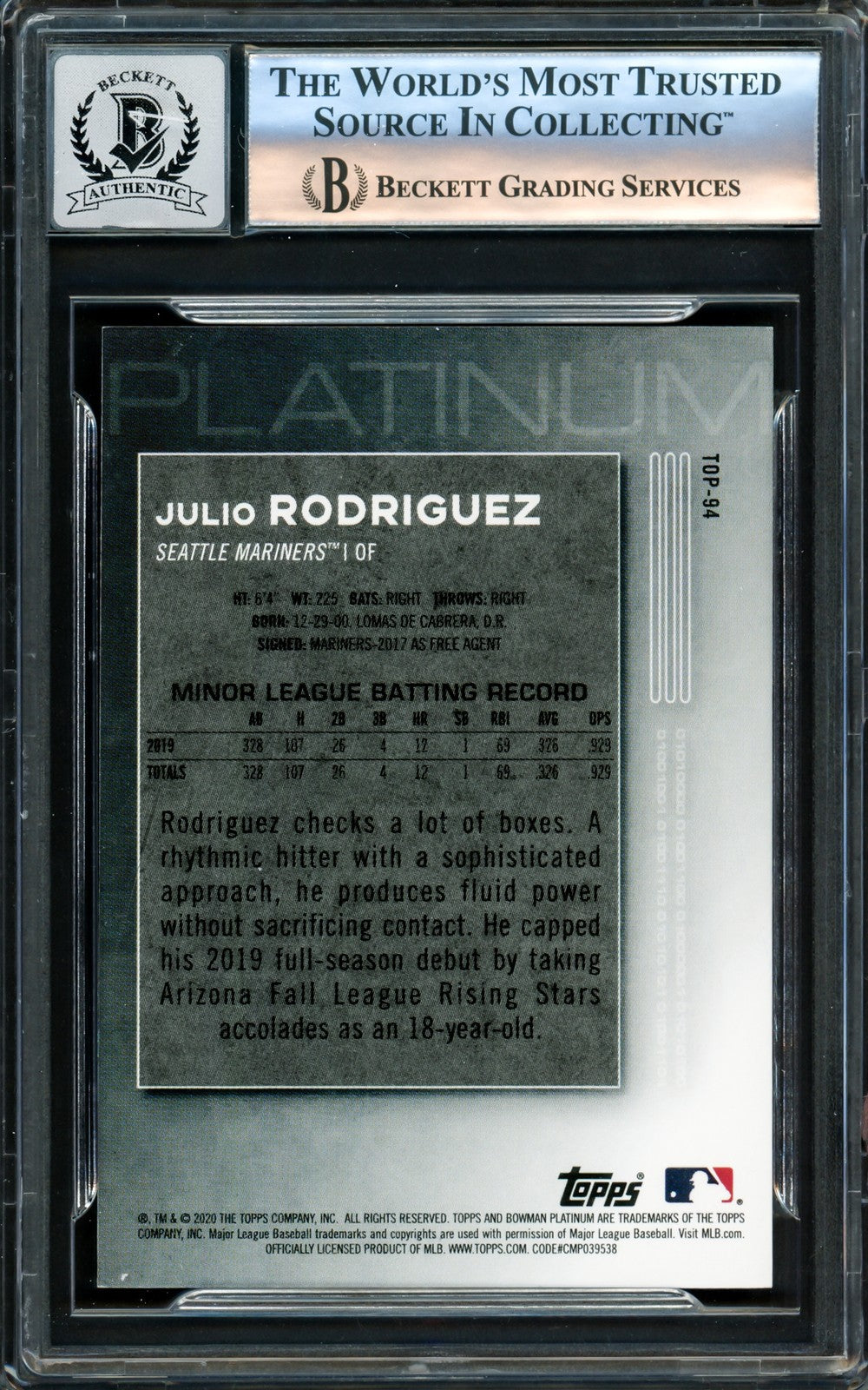 Julio Rodriguez Signed 2020 Bowman Platinum RC #TOP94 Mariners Auto 10 Beckett