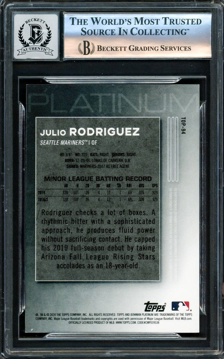 Julio Rodriguez Signed 2020 Bowman Platinum RC #TOP94 Mariners Auto 10 Beckett