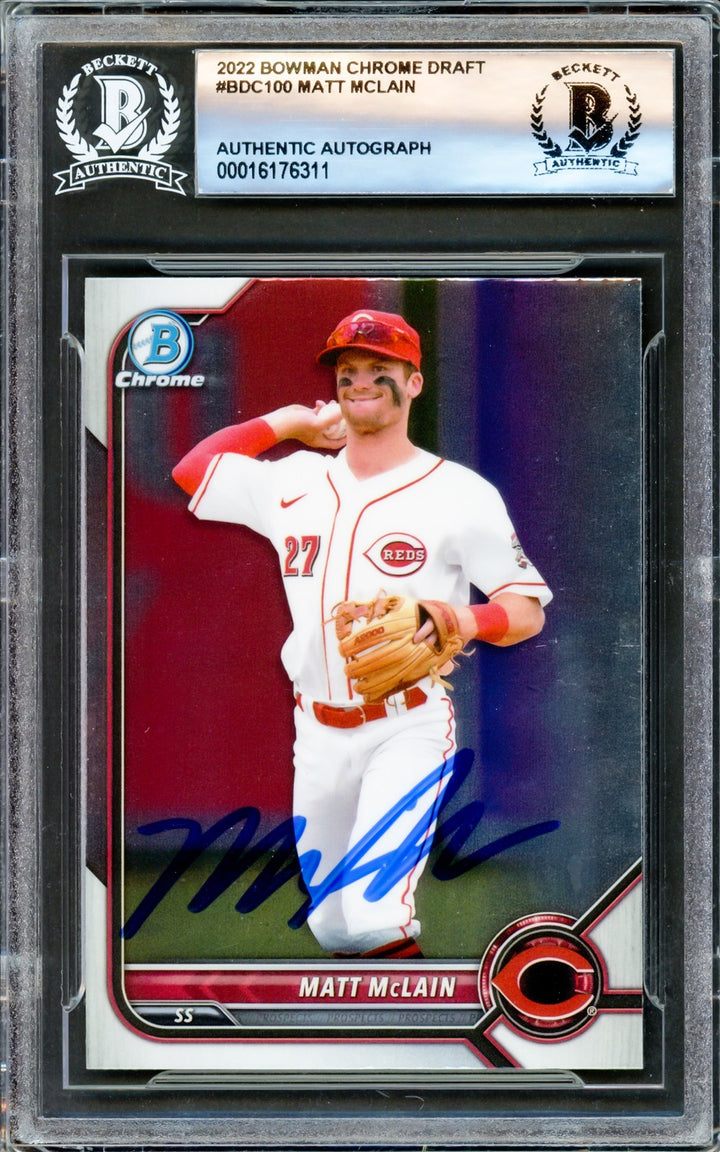 Matt McLain Signed 2022 Bowman Draft Chrome RC BDC100 Cincinnati Reds Beckett