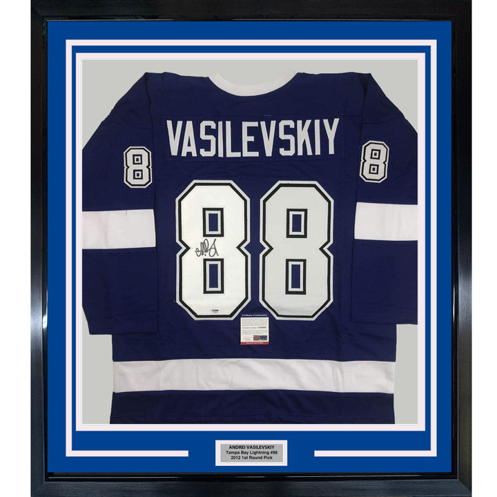 Framed Autographed/Signed Andrei Vasilevskiy 33x42 Tampa Bay Blue Jersey PSA COA