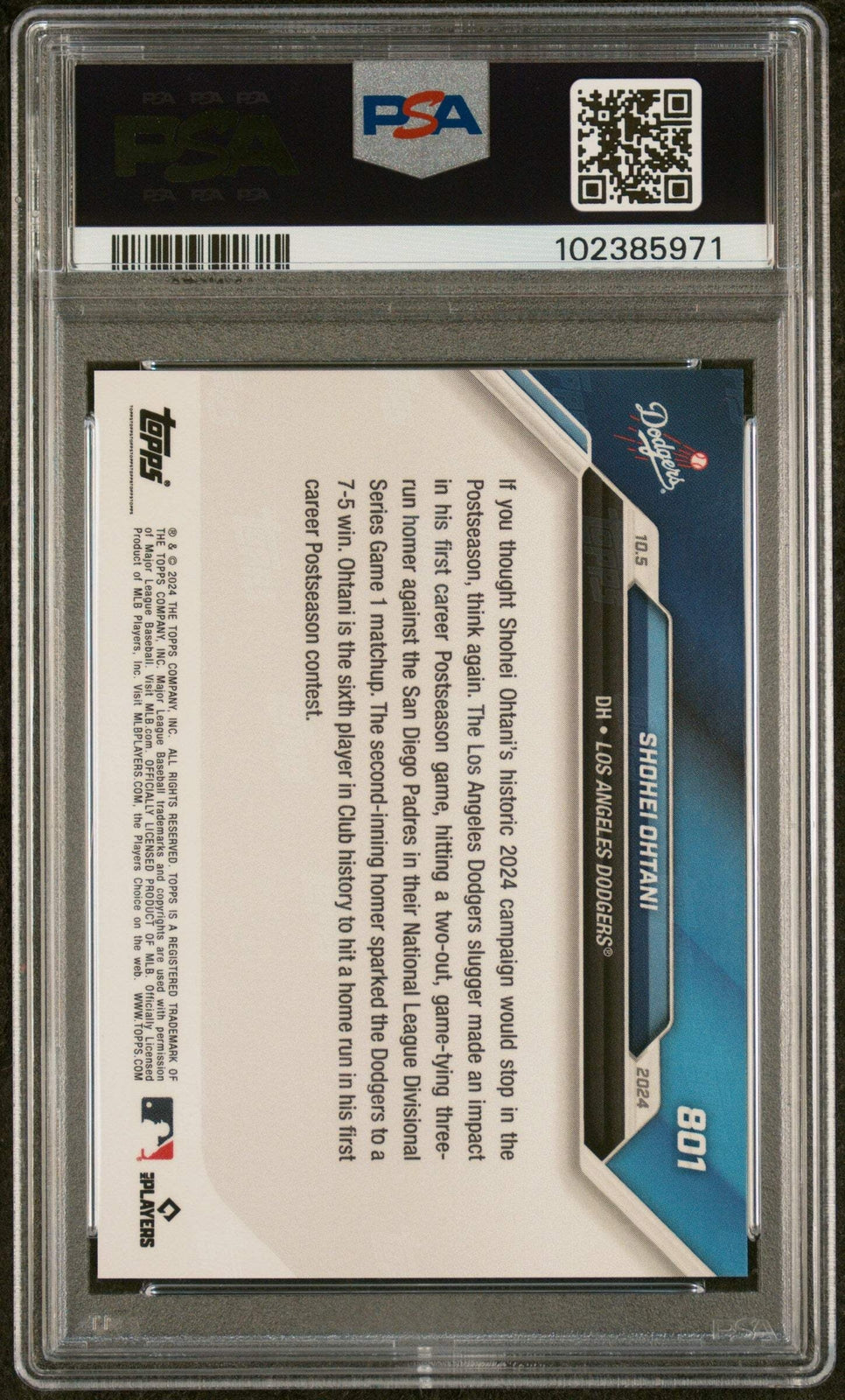 Graded 2024 Topps Now Shohei Ohtani #801 1st Post Season HR Baseball Card PSA 10