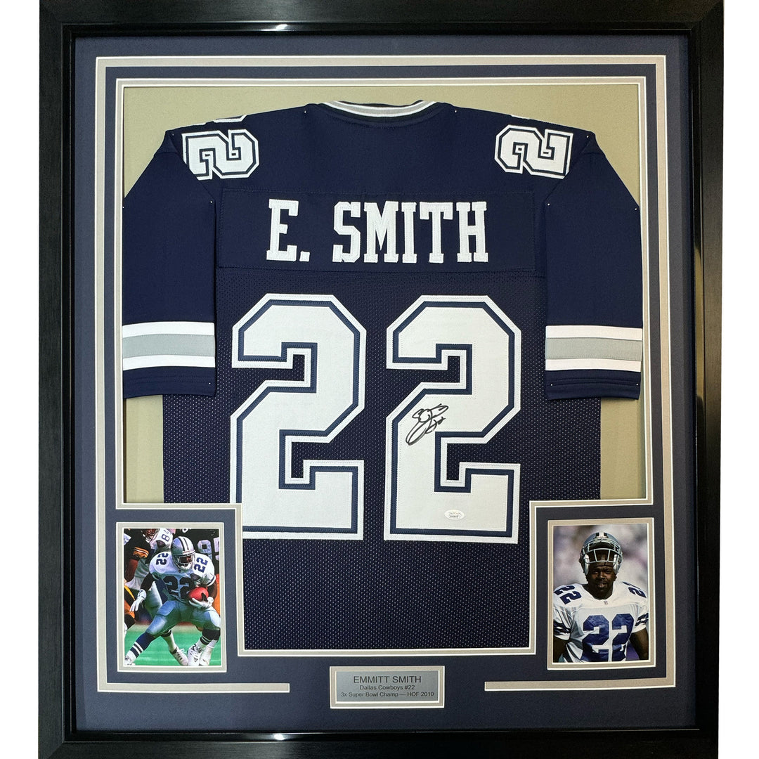 Framed Autographed/Signed Emmitt Smith 33x42 Dallas Blue Football Jersey BAS COA