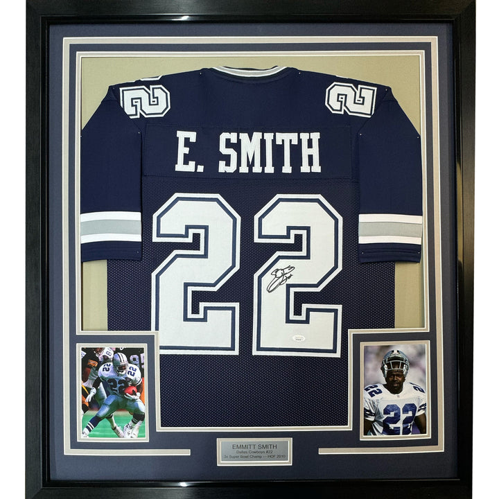Framed Autographed/Signed Emmitt Smith 33x42 Dallas Blue Football Jersey BAS COA