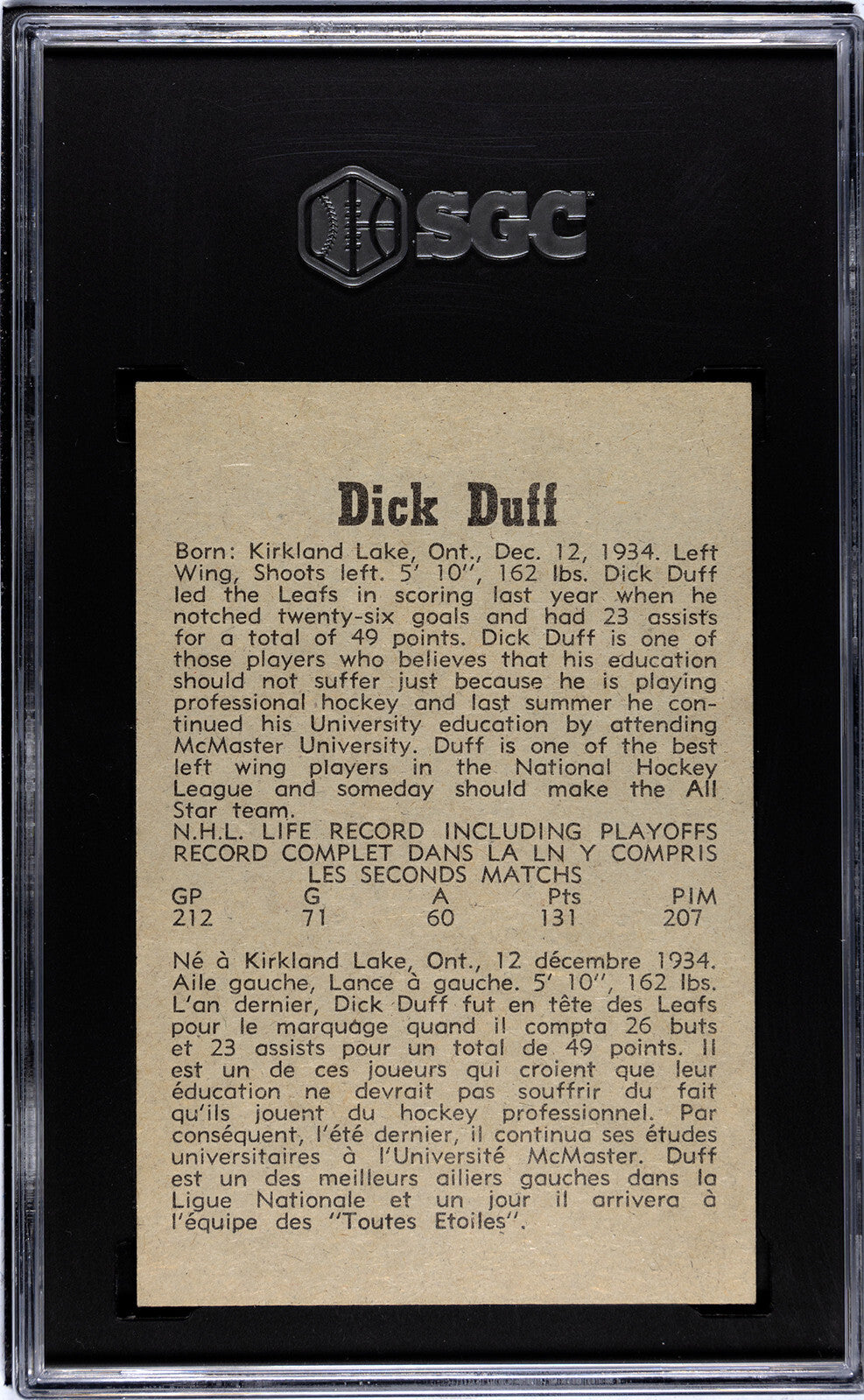 Dick Duff 1958-59 Parkhurst NHL Card #29- SGC Graded 7 NM (Toronto Maple Leafs)