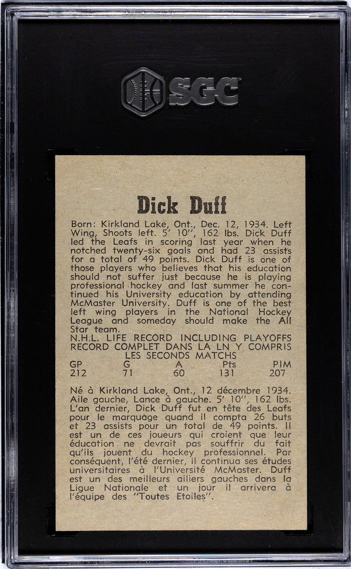 Dick Duff 1958-59 Parkhurst NHL Card #29- SGC Graded 7 NM (Toronto Maple Leafs)