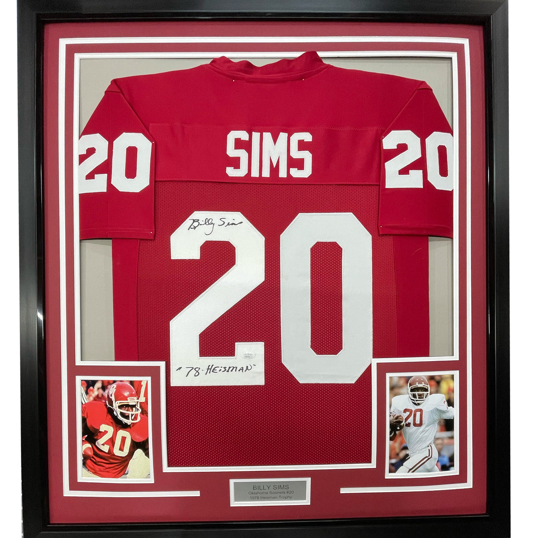 Framed Autographed/Signed Billy Sims 78 HT 33x42 Oklahoma Maroon Jersey JSA COA