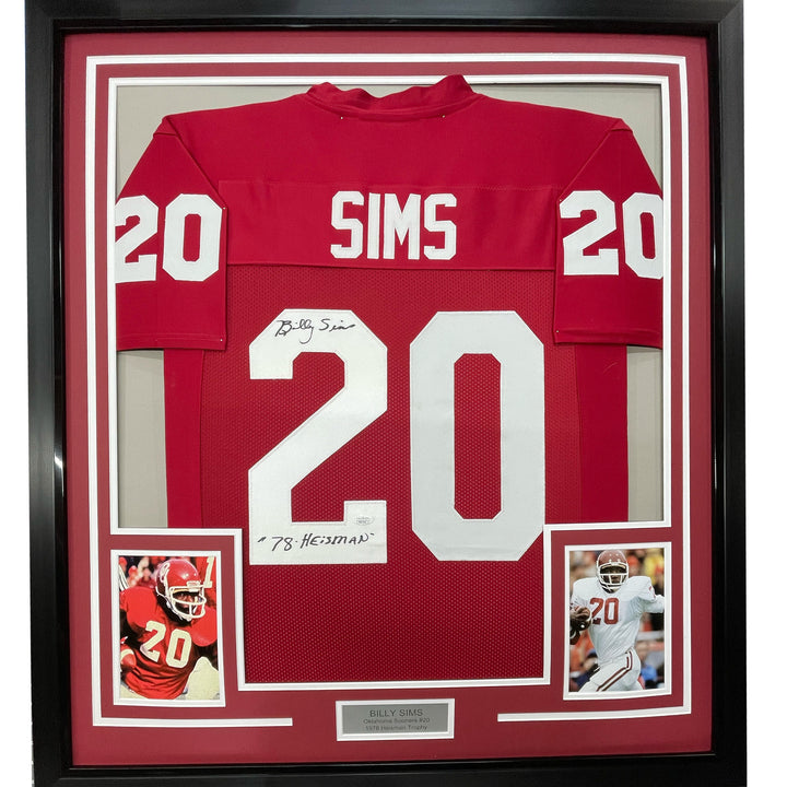 Framed Autographed/Signed Billy Sims 78 HT 33x42 Oklahoma Maroon Jersey JSA COA