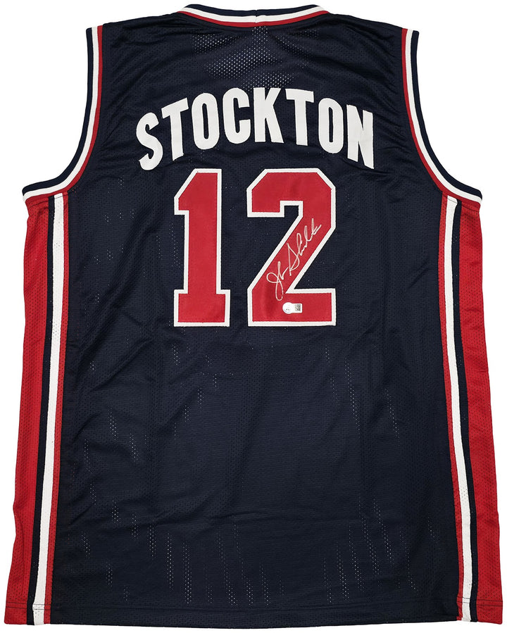 Team USA John Stockton Autographed Blue Jersey Beckett BAS Witness