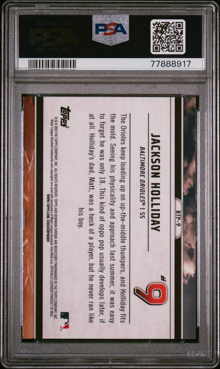 Graded 2023 Bowman Jackson Holliday #BTP9 Scouts Top 100 RC Baseball Card PSA 10