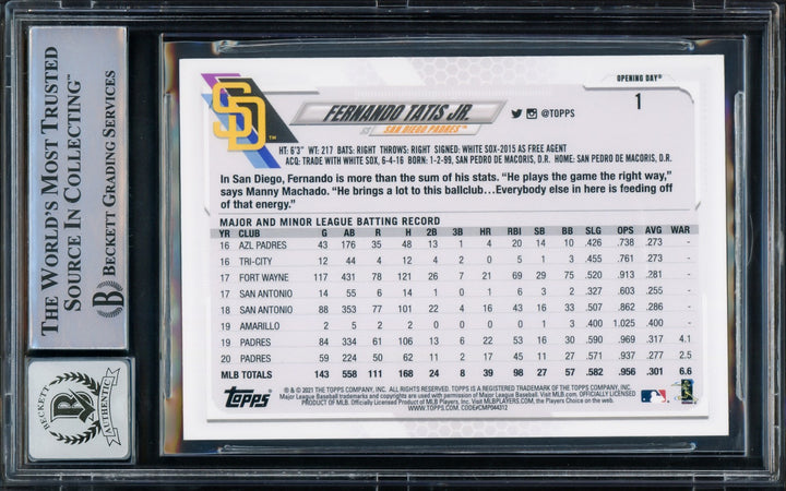 Fernando Tatis Jr. Auto 2021 Topps Opening Day Card 1 Padres Auto GM 10 Beckett