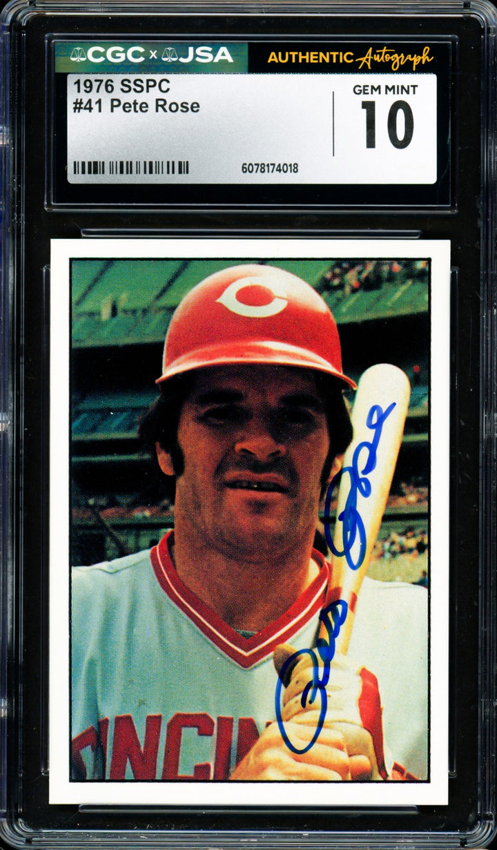 Pete Rose Signed 1976 SSPC Card 41 Cincinnati Reds Card 10 CGC x JSA