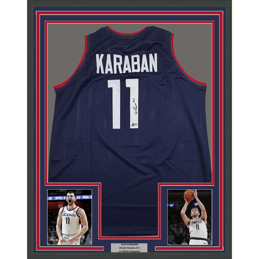 Framed Autographed/Signed Alex Karaban 35x39 UConn Blue Jersey Beckett COA