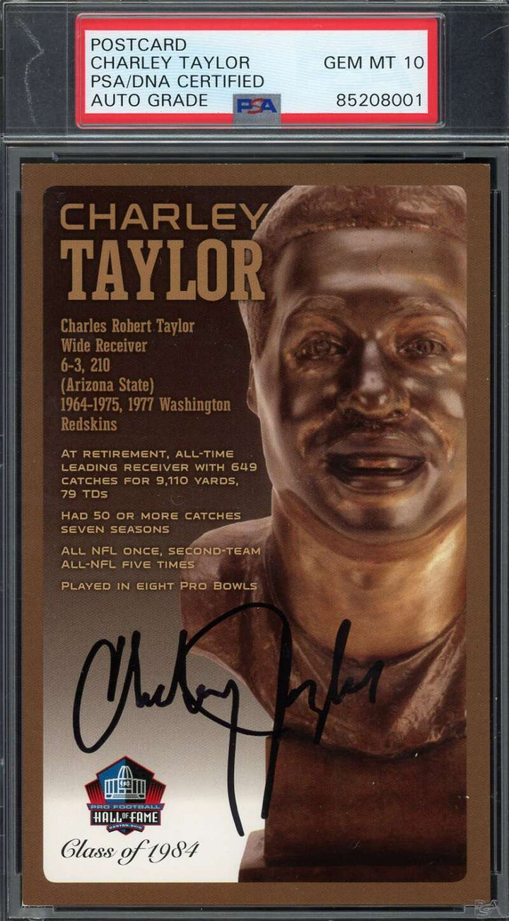 Charley Taylor Gem Mint 10 PSA DNA Signed Hall of Fame Bronze Bust Postcard /150