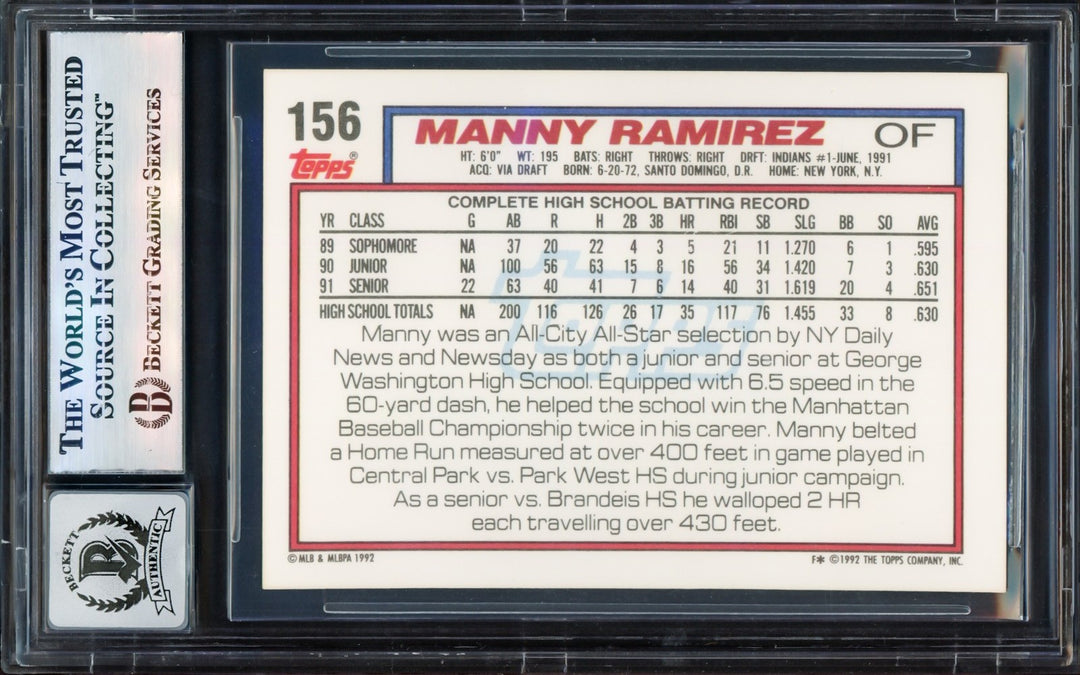 Manny Ramirez Signed 1992 Topps RC 156 Cleveland Indians Auto GM 10 Beckett