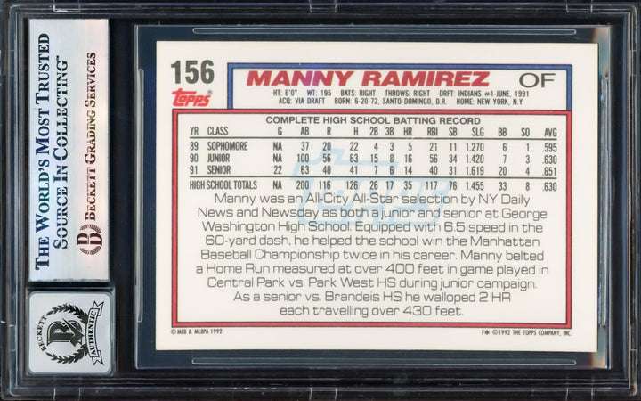 Manny Ramirez Signed 1992 Topps RC 156 Cleveland Indians Auto GM 10 Beckett