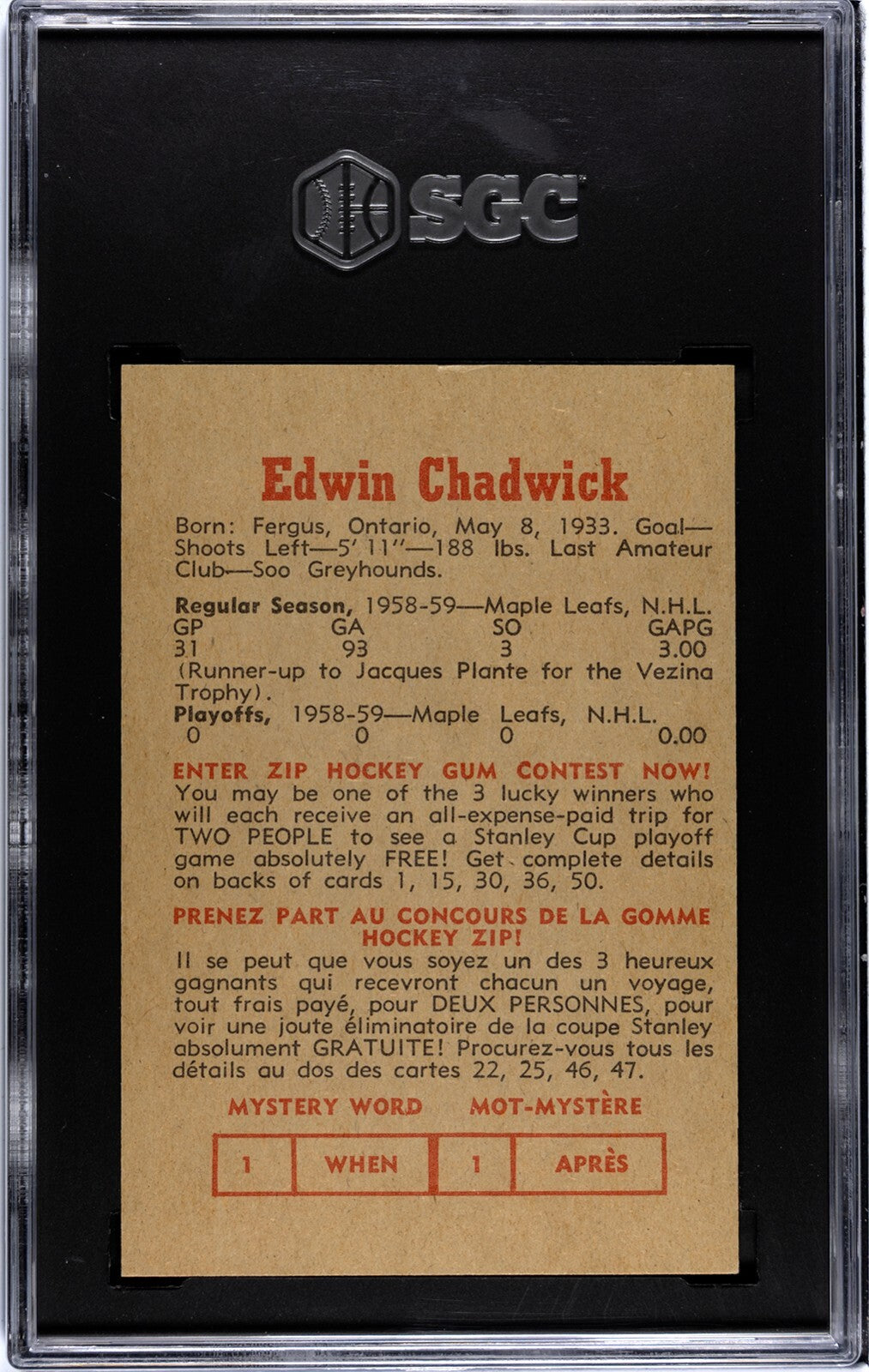 Ed Chadwick 1959-60 Parkhurst NHL Card #5- SGC Graded 6 EX-NM (Maple Leafs)