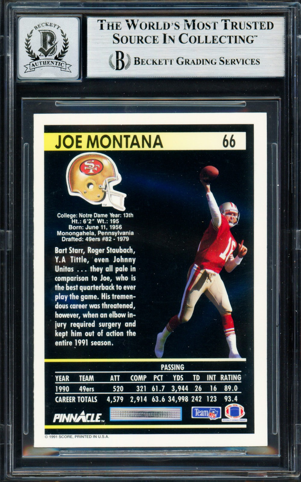 Joe Montana Signed 1991 Pinnacle Card 66 San Francisco 49ers Auto GM 10 Beckett