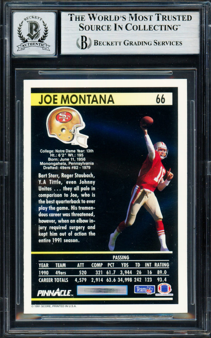 Joe Montana Signed 1991 Pinnacle Card 66 San Francisco 49ers Auto GM 10 Beckett