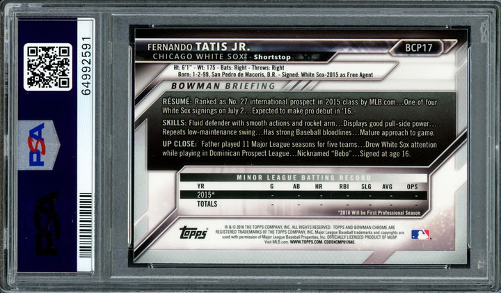 Fernando Tatis Jr. Signed 2016 Bowman Chrome RC BCP17 Padres PSA 9 Sig 9 PSA/DNA