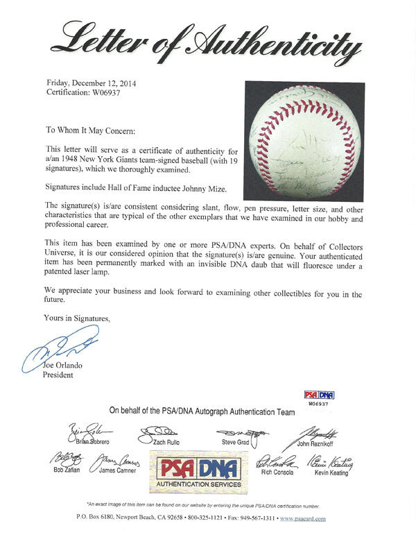 1948 New York Giants Signed NL Baseball 19 Sigs Johnny Mize PSA/DNA