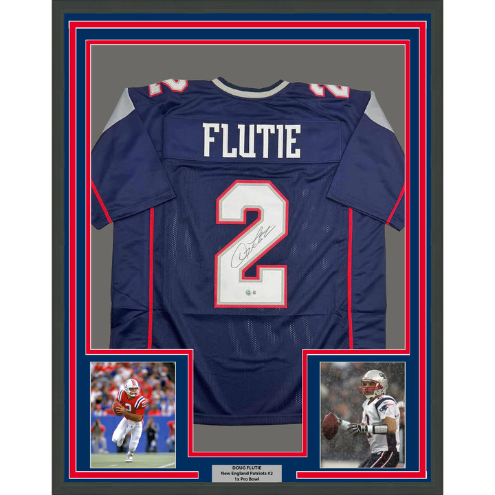 Framed Autographed/Signed Doug Flutie 35x39 New England Blue Jersey Beckett COA