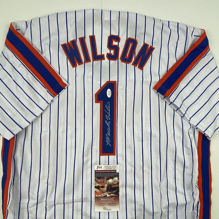 Autographed/Signed MOOKIE WILSON New York Pinstripe Baseball Jersey JSA COA Auto