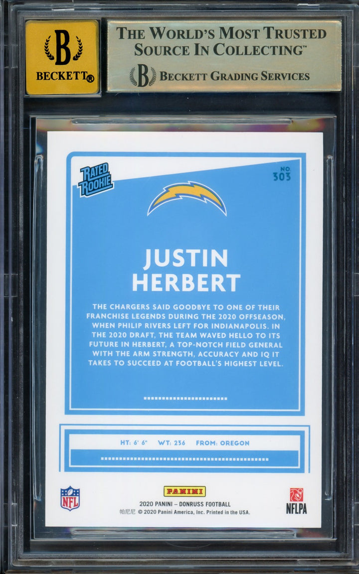 Justin Herbert Auto 2020 Donruss Rated RC 303 Chargers BGS 9.5 Auto 10 Beckett