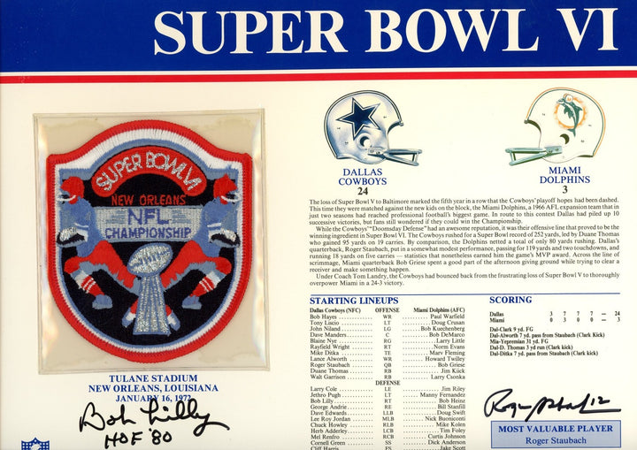 Roger Staubach Bob Lilly Signed Dallas Cowboys SB VI Patch Card Beckett 54940