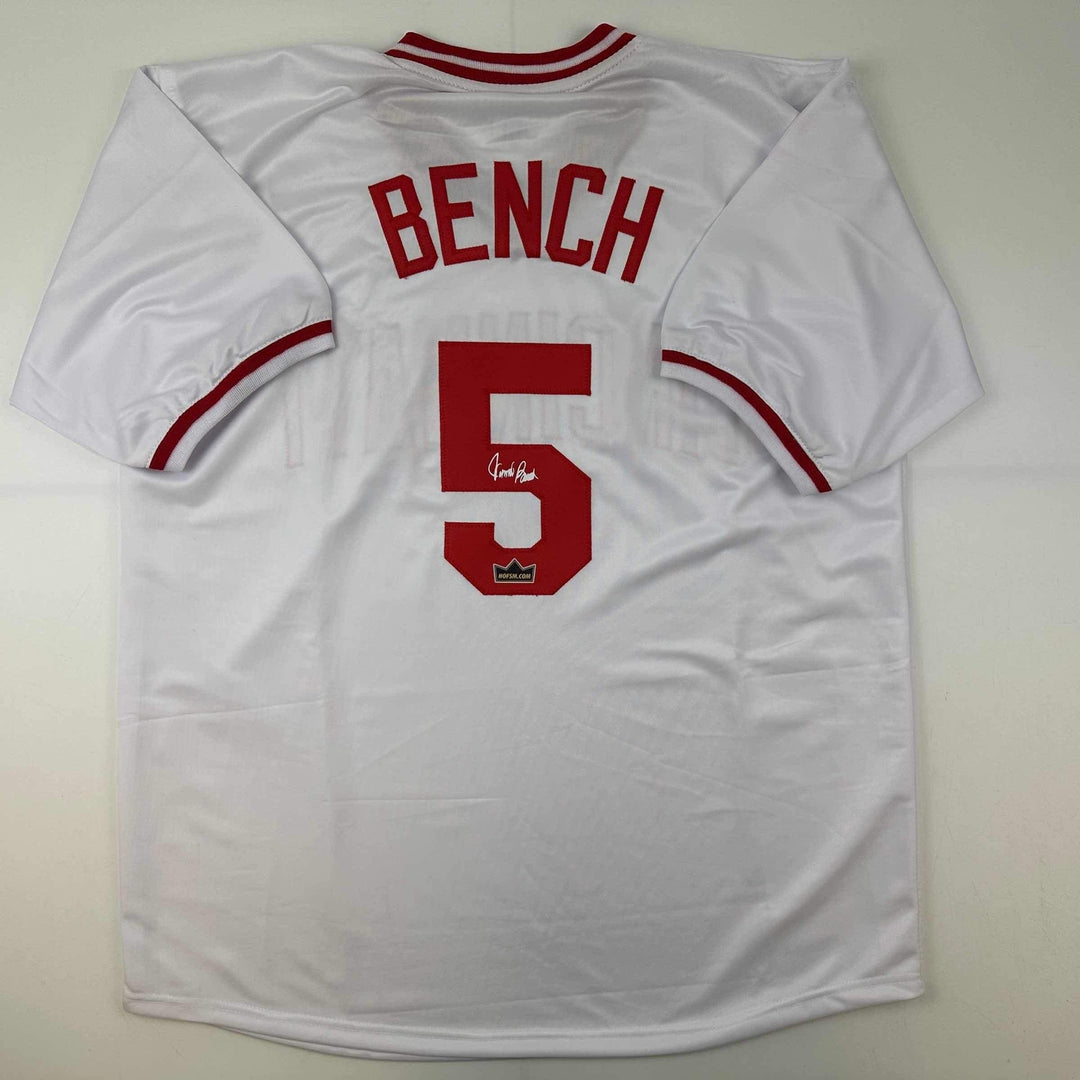 Facsimile Autographed Johnny Bench Cincinnati White Reprint Auto Jersey Men's XL