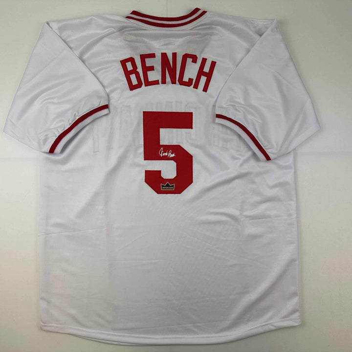 Facsimile Autographed Johnny Bench Cincinnati White Reprint Auto Jersey Men's XL