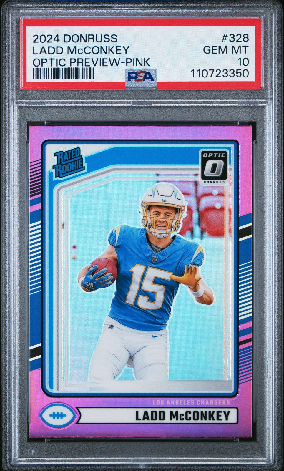 Graded 2024 Panini Donruss Ladd McConkey #328 Pink Rookie Football Card PSA 10