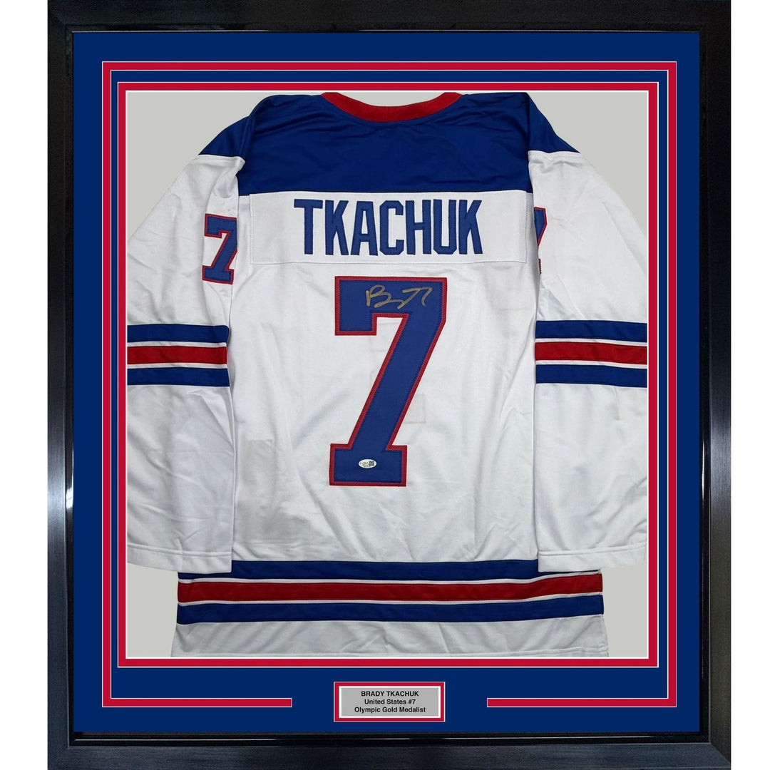 Framed Signed Brady Tkachuk 35x39 USA 2026 Olympics White Jersey JSA COA