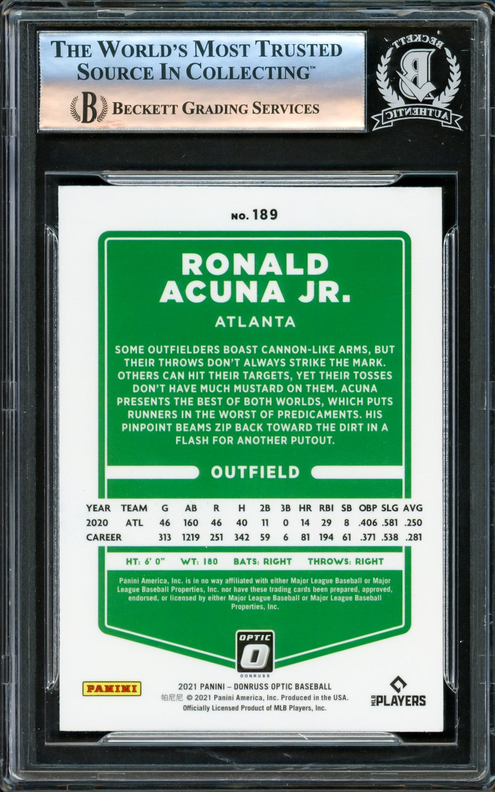 Ronald Acuna Jr. Signed 2021 Donruss Optic Card #189 Atlanta Braves Beckett