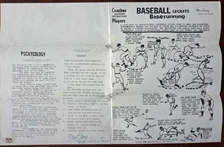 Max Carey PSA DNA Signed Baseball Secrets Pamphlet Autograph