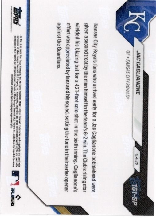 2026 Topps Now Jac Caglianone #161SP Kansas City Royals Rookie RC Baseball Card