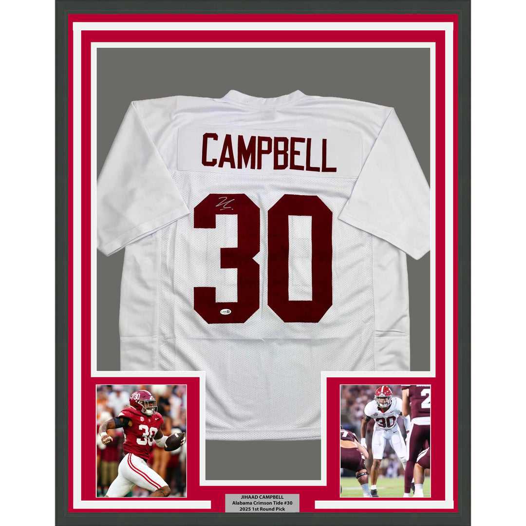 Framed Autographed/Signed Jihaad Campbell 35x39 Alabama White Jersey JSA COA