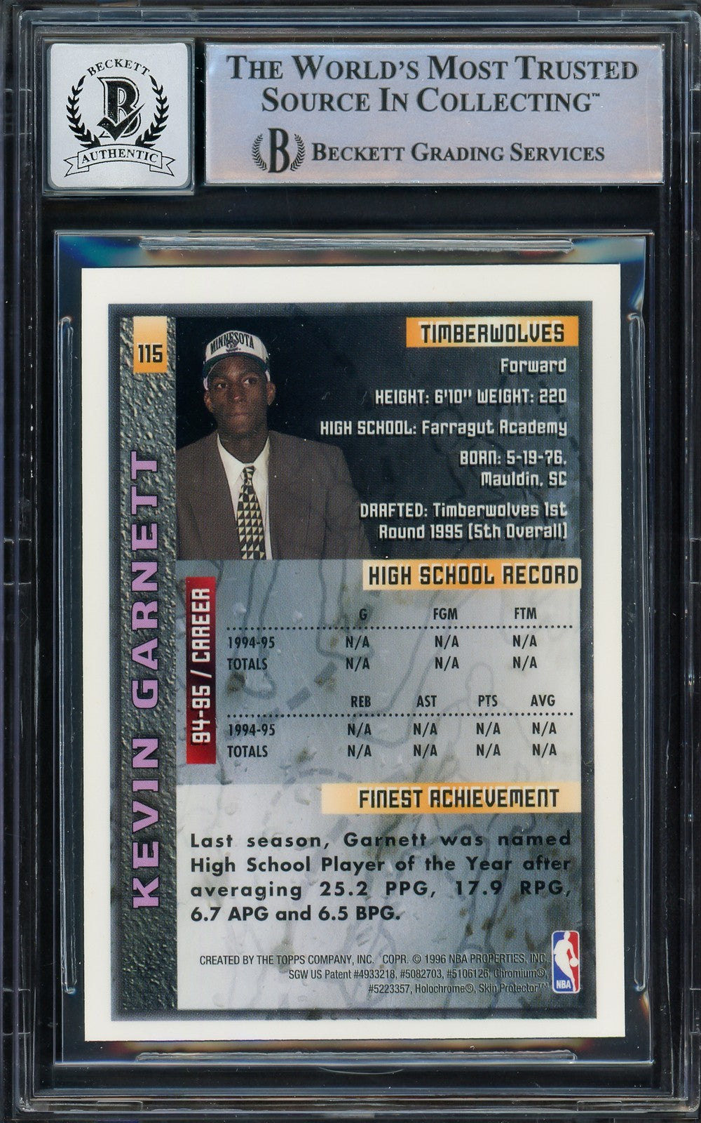 Kevin Garnett Signed 1995-96 Topps Finest RC 115 Timberwolves Auto 10 Beckett