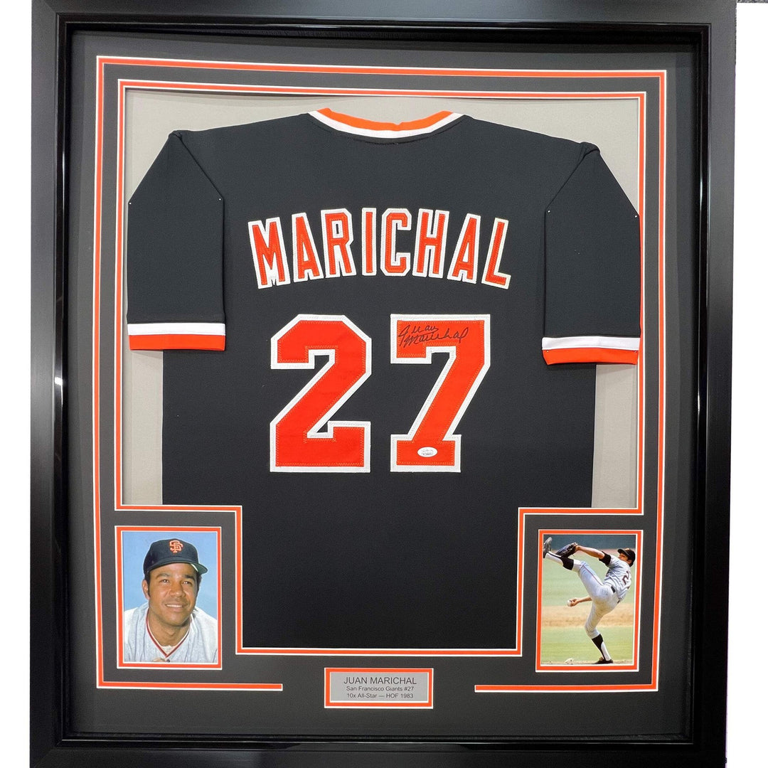 FRAMED Autographed/Signed JUAN MARICHAL 33x42 Black Baseball Jersey JSA COA
