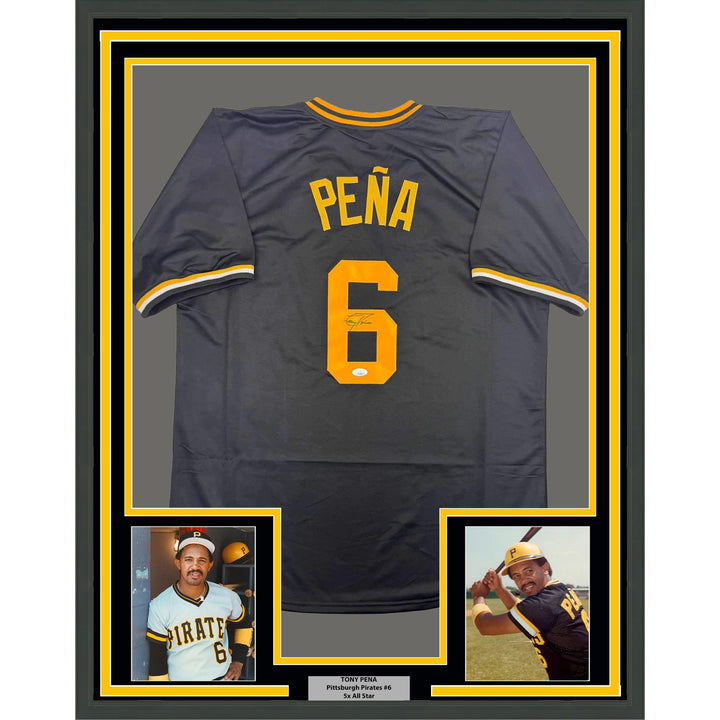 Framed Autographed/Signed Tony Pena 35x39 Pittsburgh Black Jersey JSA COA