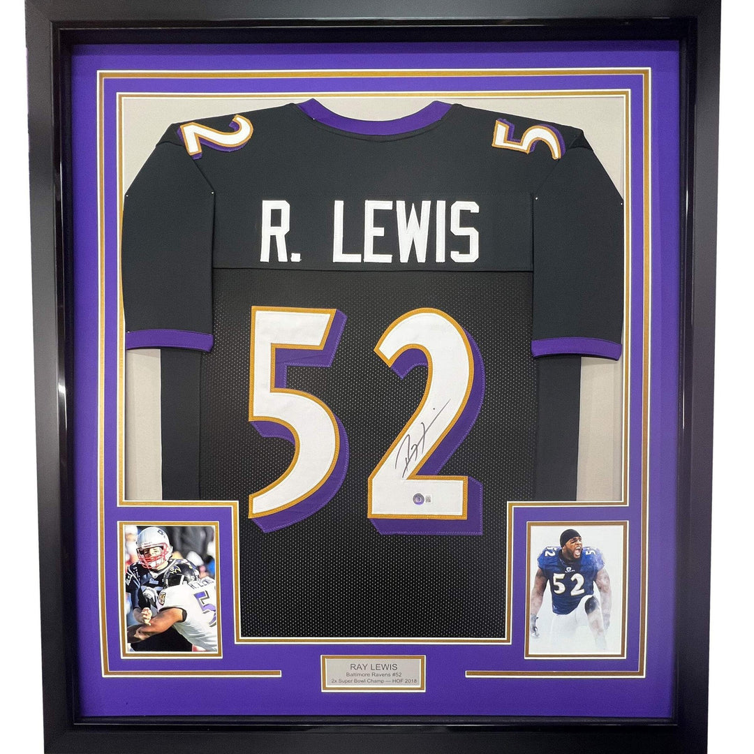 FRAMED Autographed/Signed RAY LEWIS 33x42 Baltimore Black Jersey JSA COA Auto