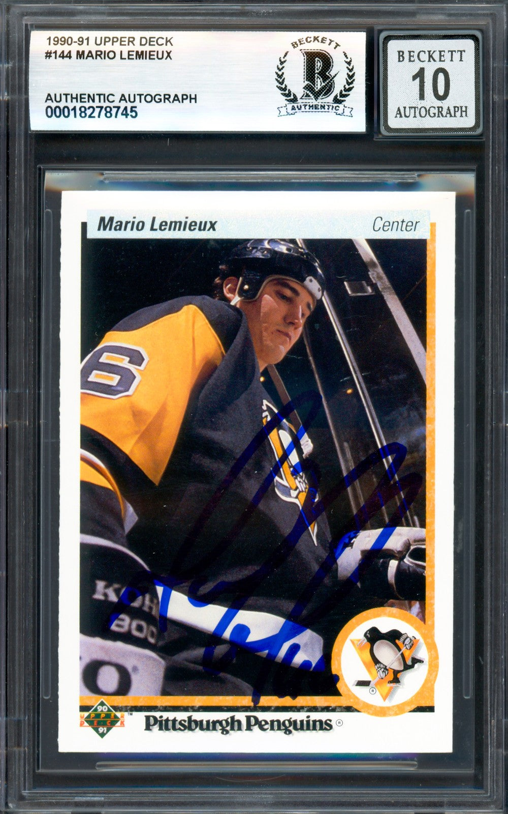 Mario Lemieux Auto 1990-91 Upper Deck Card 144 Penguins Sig 10 Beckett 18278745