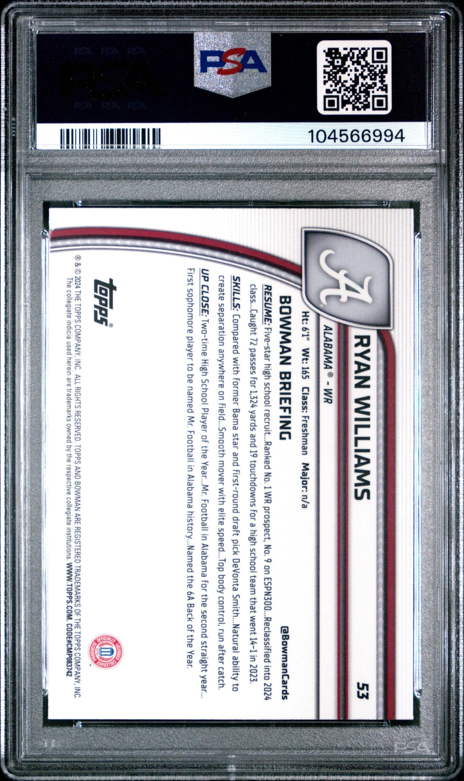 Graded 2024 Bowman U Chrome University Ryan Williams #53 RC Football Card PSA 10