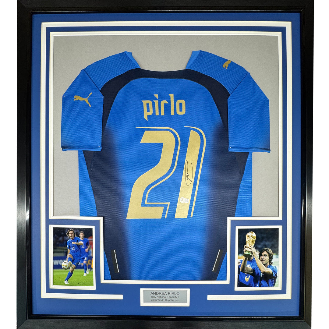 Framed Autographed/Signed Andrea Pirlo 35x39 Italy Blue Jersey Beckett BAS COA