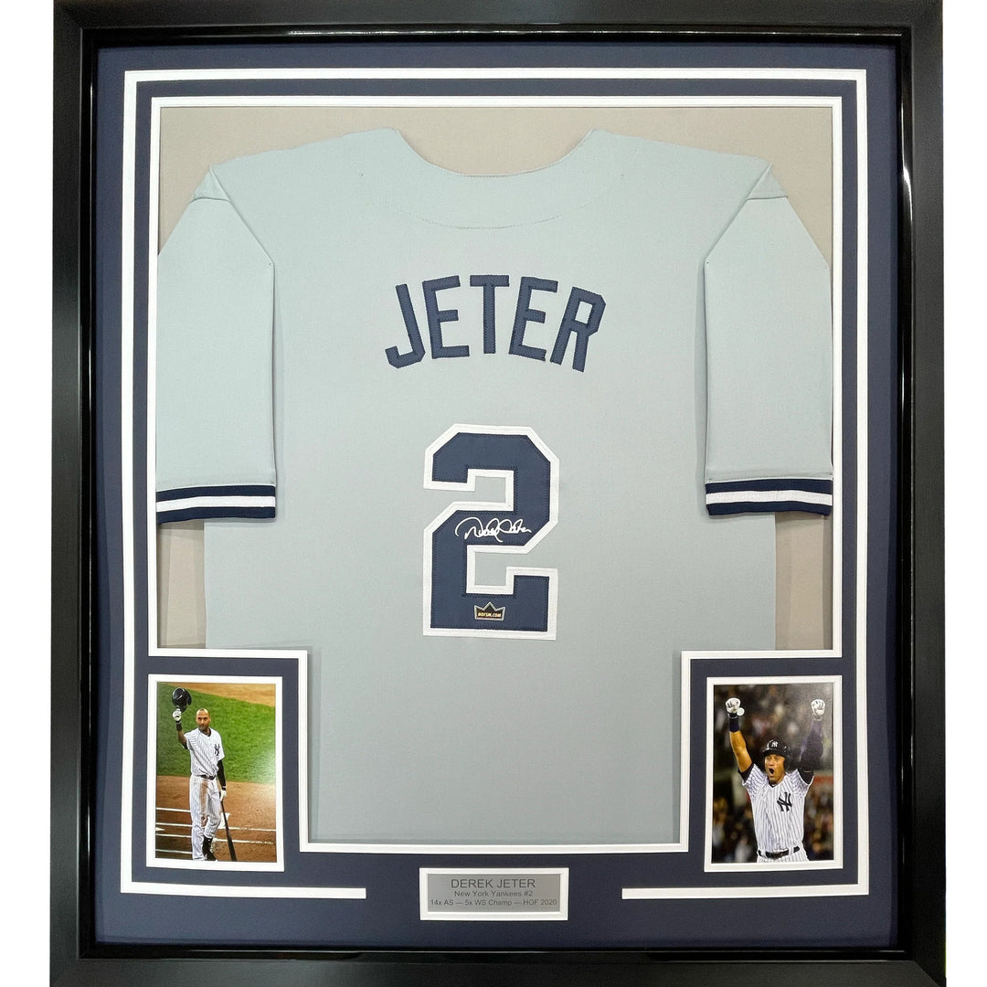 Framed Facsimile Autographed Derek Jeter 33x42 Grey Reprint Laser Auto Jersey