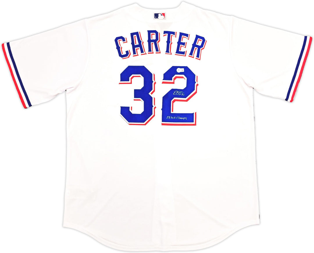 Rangers Evan Carter Signed White Nike Jersey Size XLT "23 WS Champs" Beckett Wit
