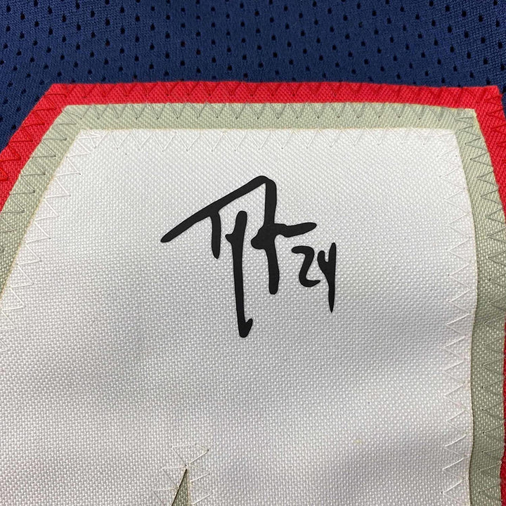 Framed Facsimile Autographed Ty Law 33x42 Blue Reprint Laser Auto Jersey